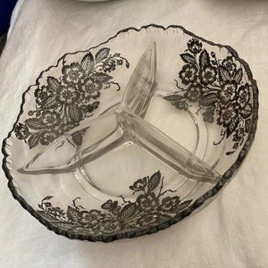 Silver City Glass Co 3 Part Relish Dish (Sterling Silver Overlay Blossom Time)